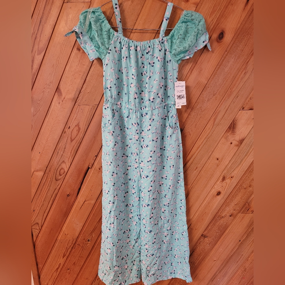 Wallflower jumpsuit, size girls M(10/12), green with floral print